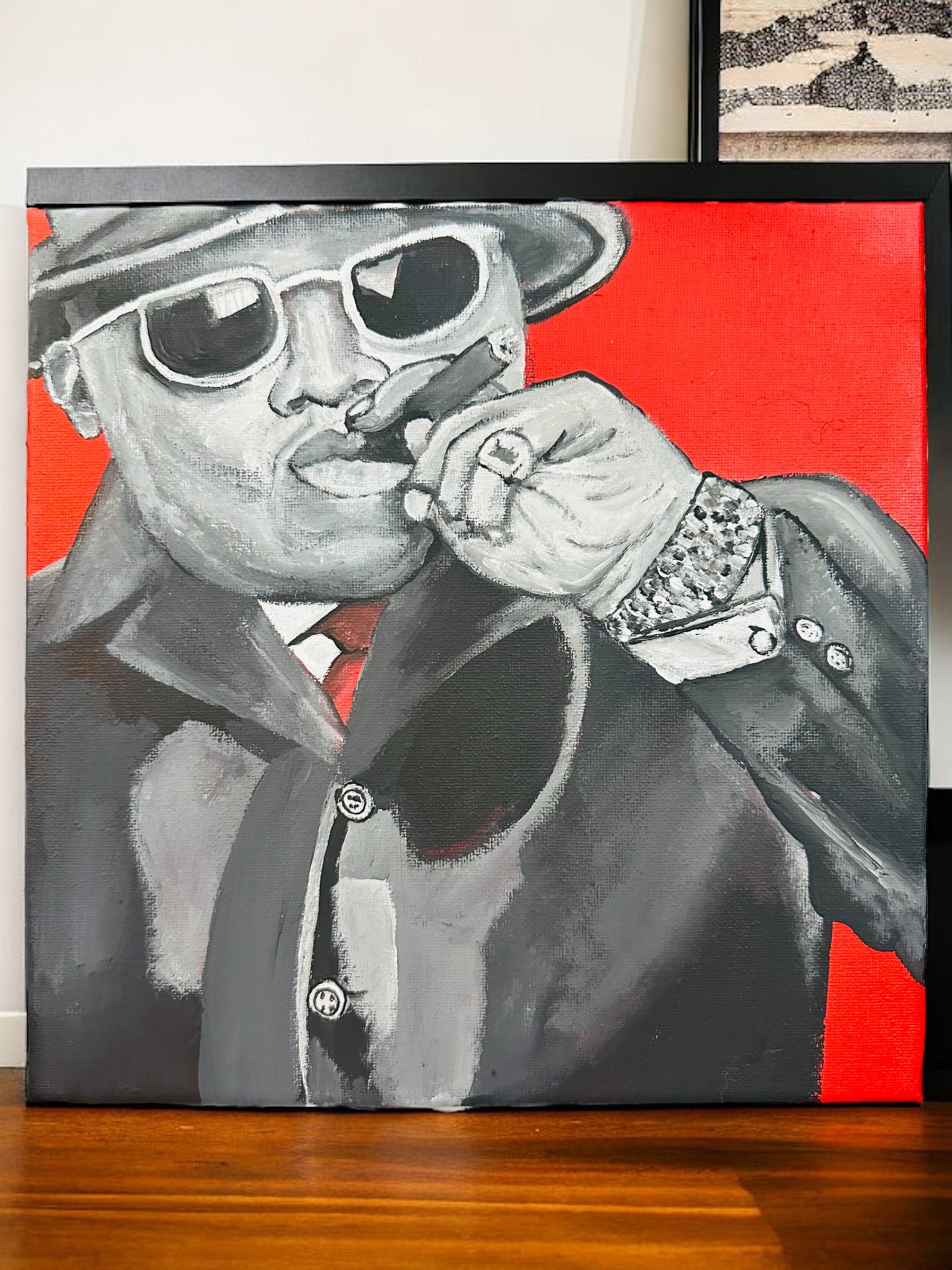 Biggie red and grayscale portrait painting on 10x10 canvas