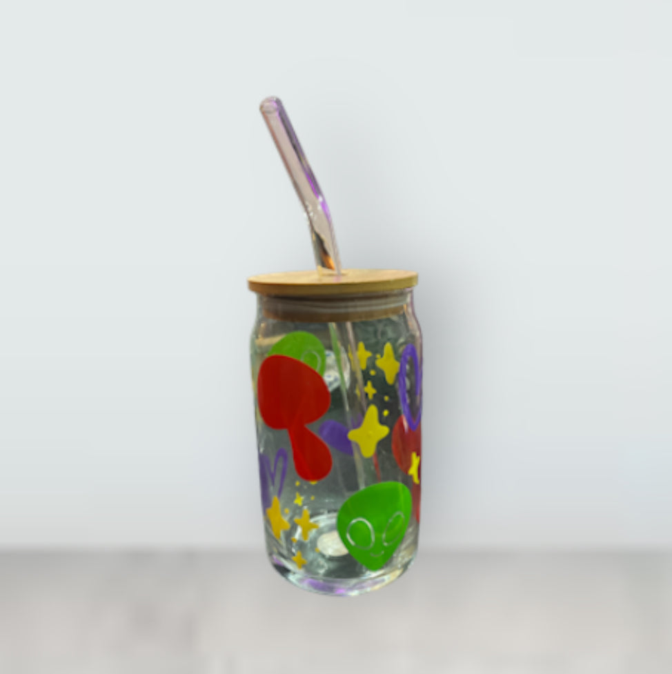 Alien Mushroom Cup with Lid & Straw -Glass Cup & Straw