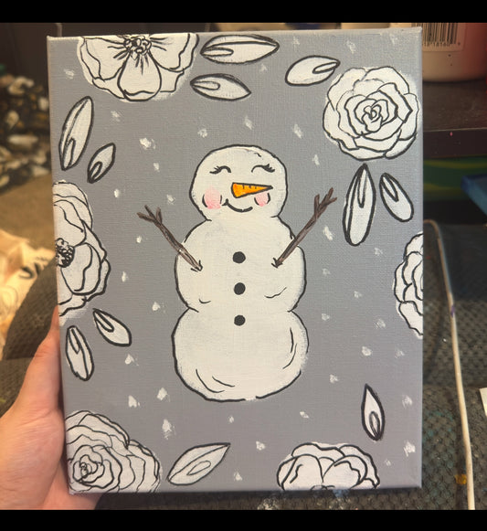 Gray floral snowman canvas painting 8x10