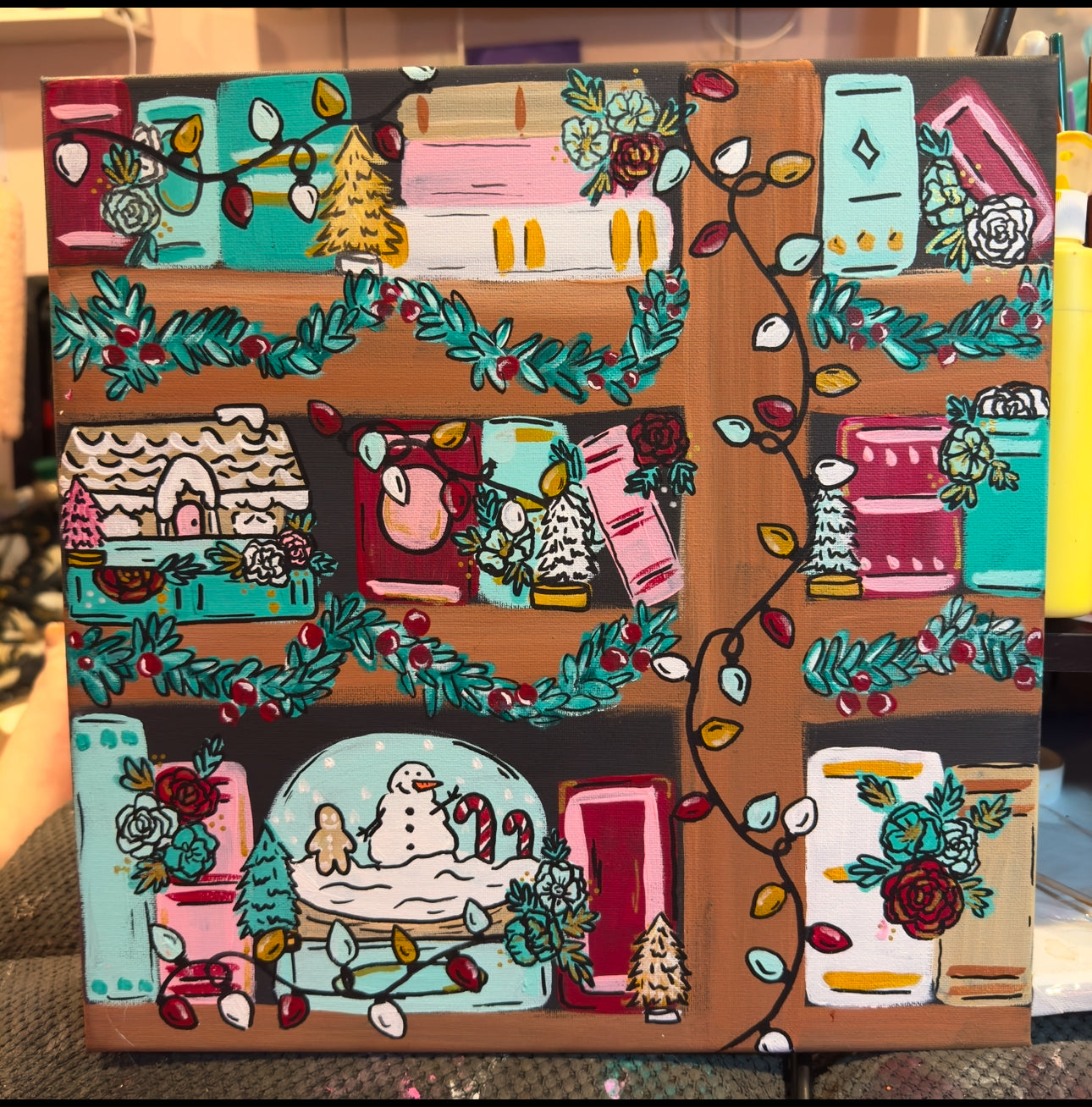 Christmas Bookshelf canvas painting 14x14