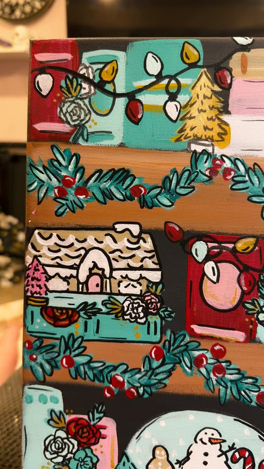 Christmas Bookshelf canvas painting 14x14
