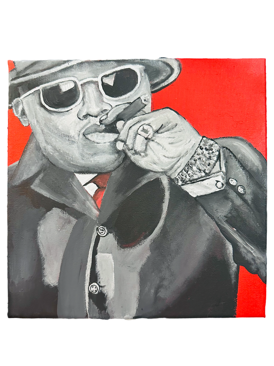 Biggie red and grayscale portrait painting on 10x10 canvas