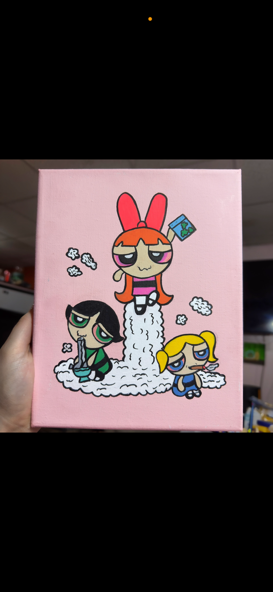 Power puff puff pass girls inspired high cartoon collection canvas painting 8x10