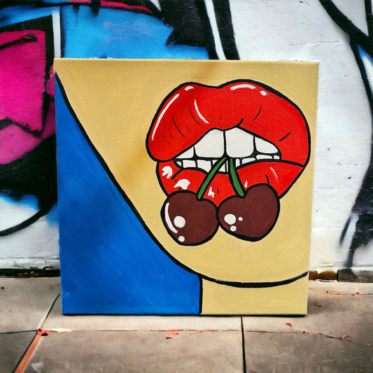 Cherry Lips Pop Art Painting 10x10 Canvas