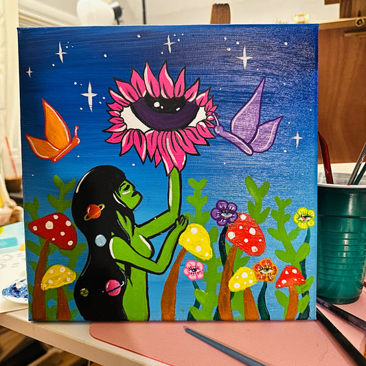 Alien and flower eye canvas painting 10x10