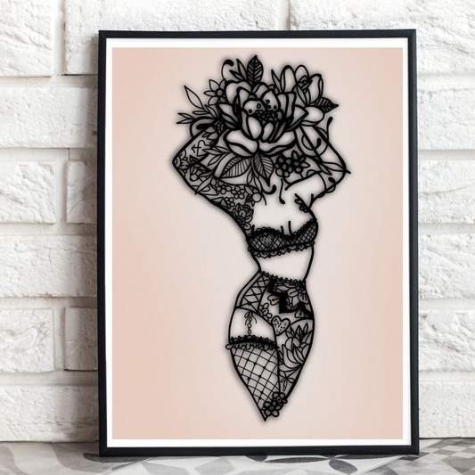 Framed Dahlia Tatted Women Line Drawing