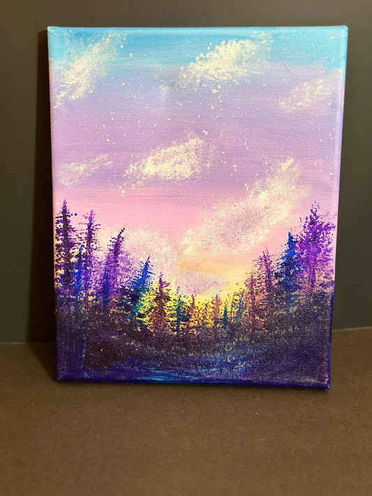 Pine tree and sky painting