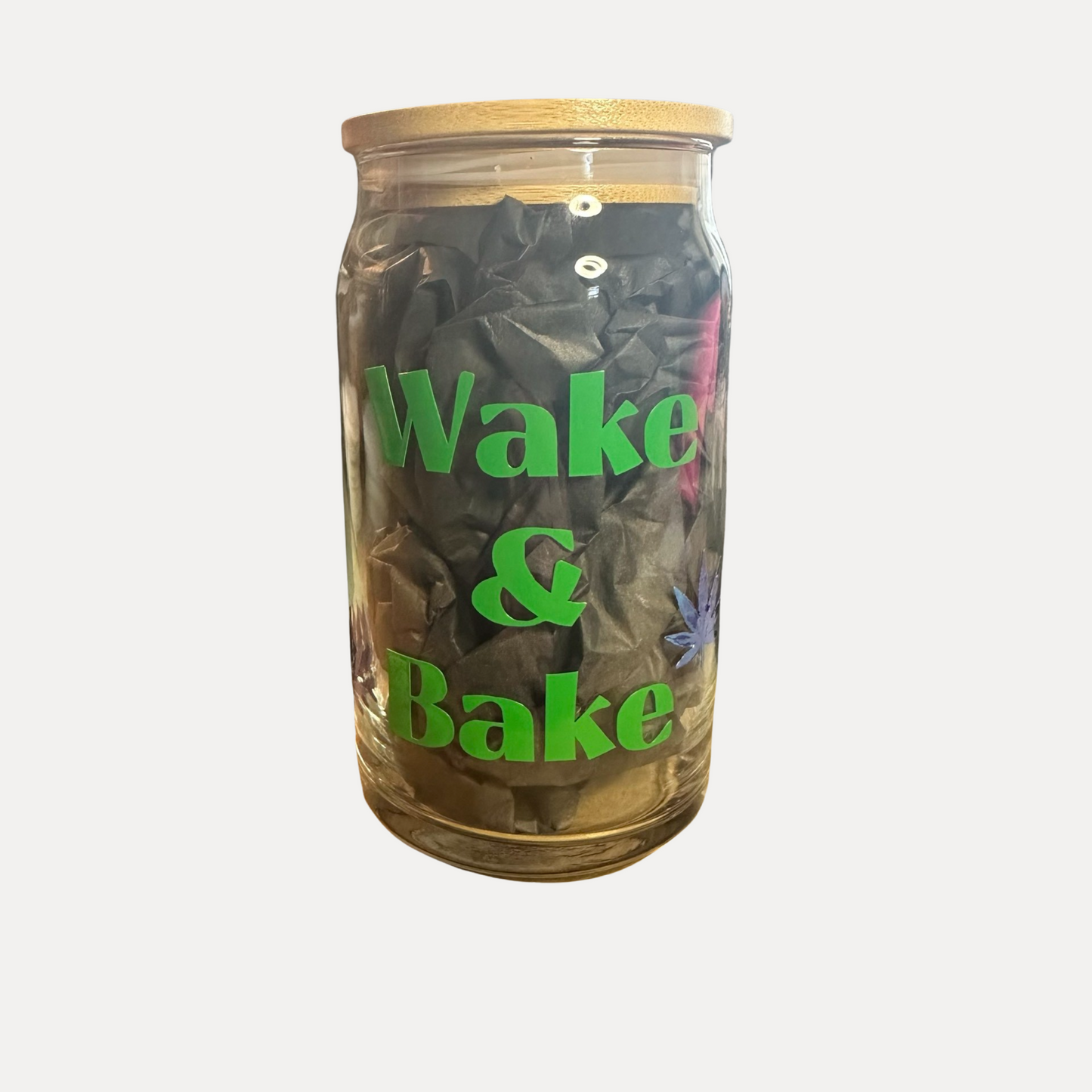 Wake and bake glass can with lid and straw